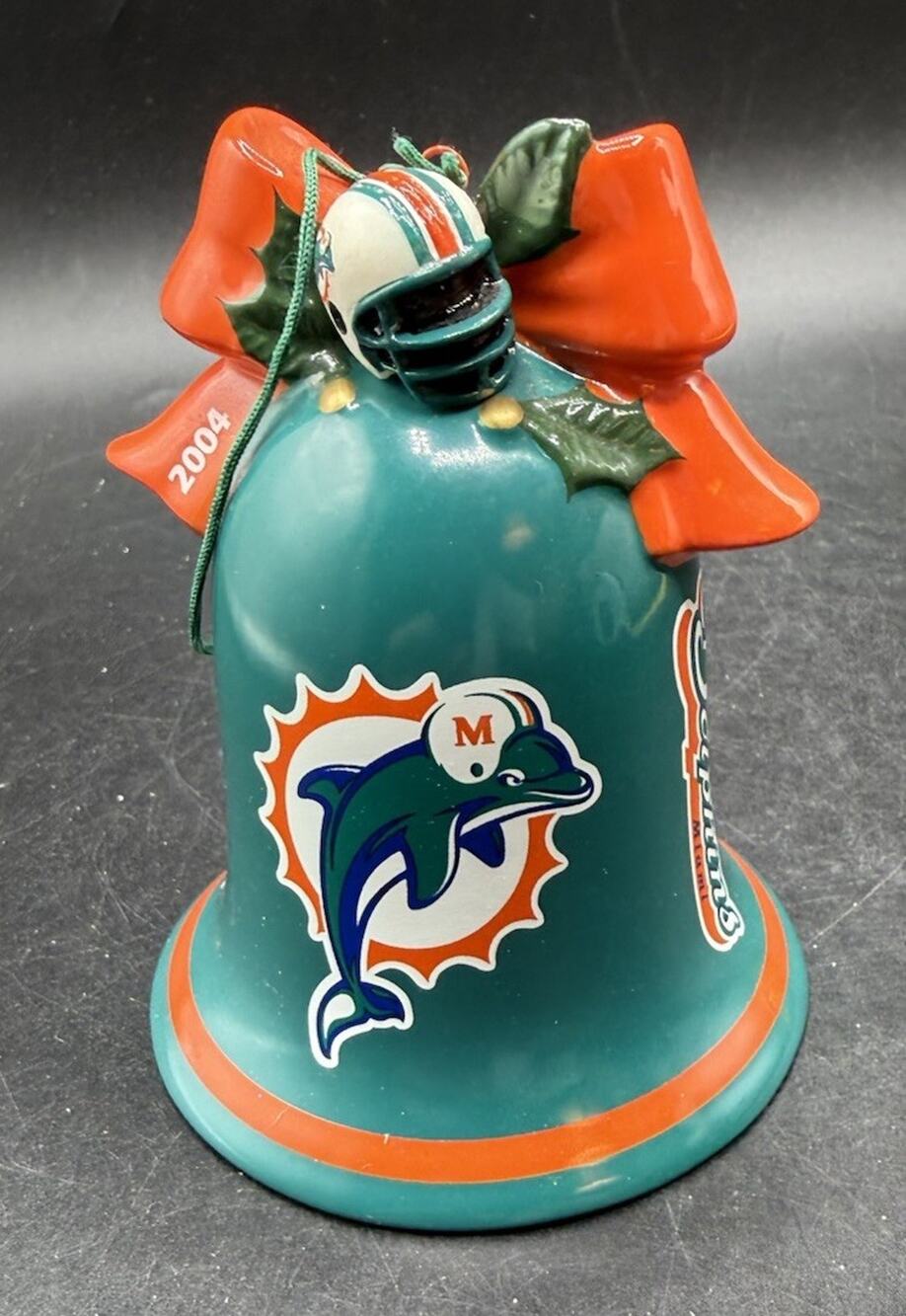 Danbury Mint Ceramic Miami Dolphins Bell Christmas Ornament 2004 Rare EUC -LO32